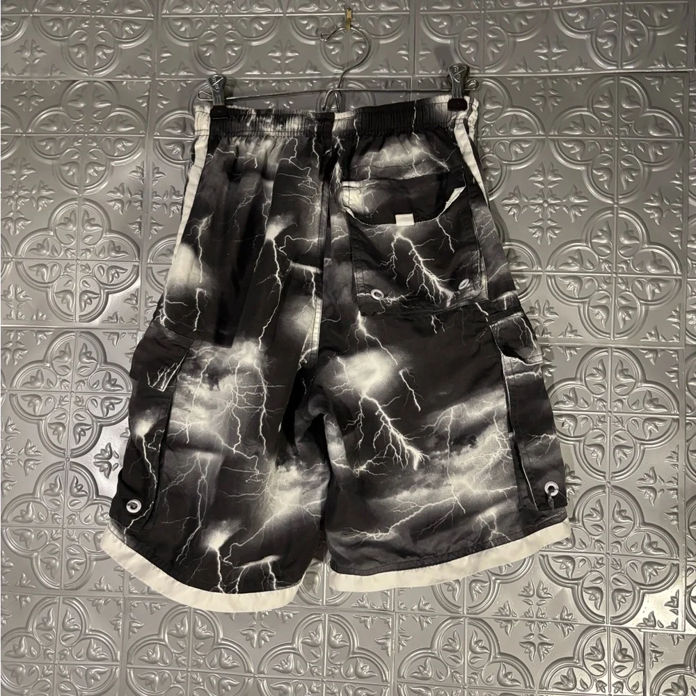 Outlooks Y2K 90s mens Black Swim Trunks shorts grey lightning print Board Shorts